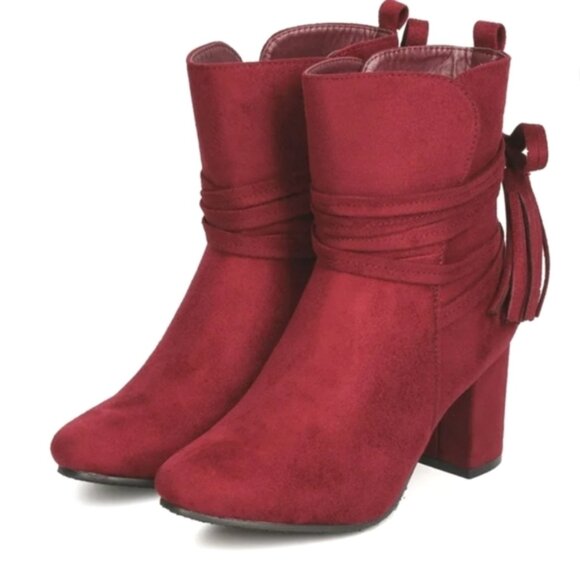 REFRESH Women's Faux Suede Almond Toe Tasseled Chunky Heeled Bootie Wine SZ 6 - Picture 1 of 11